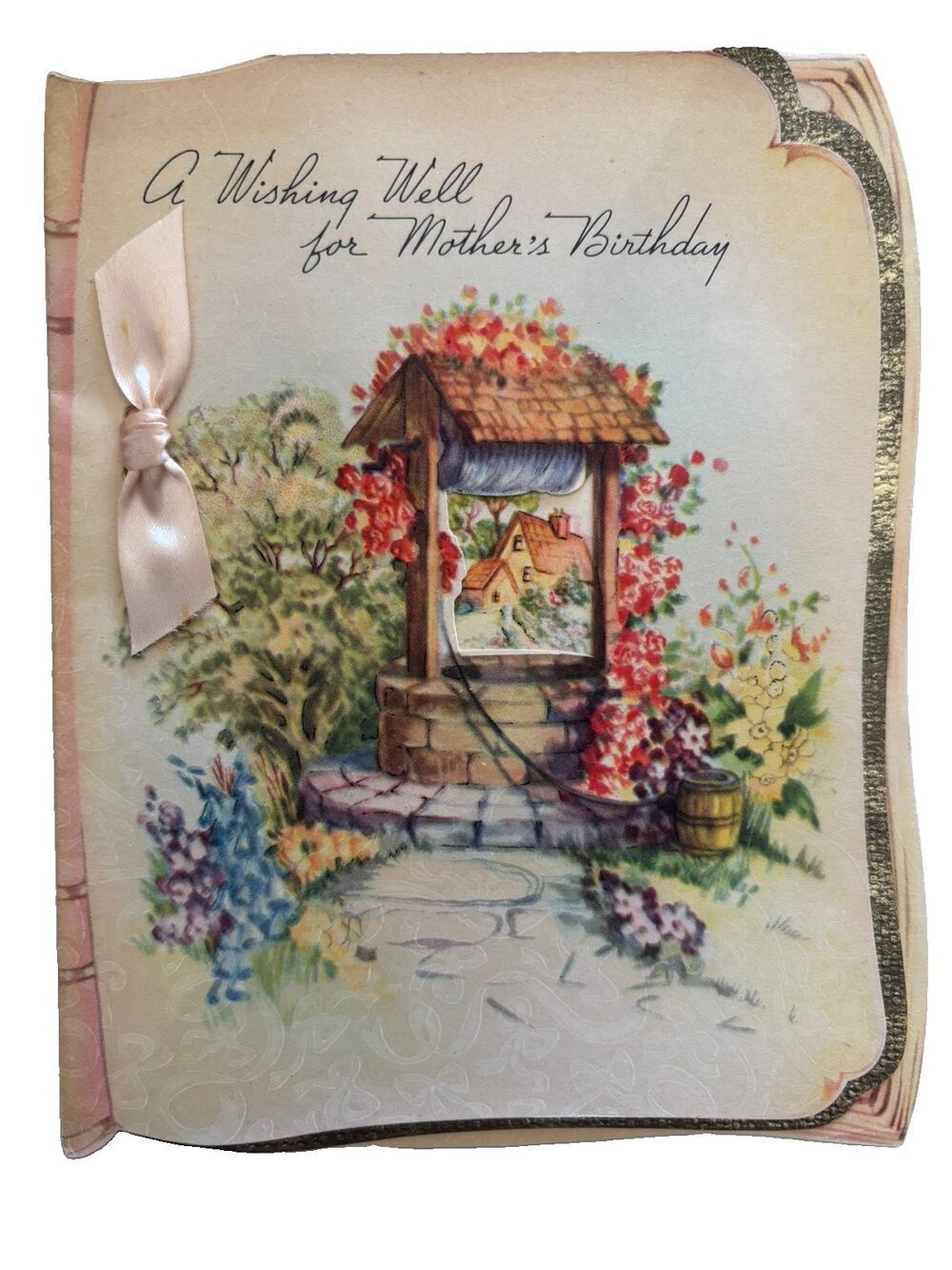 Vtg 1940s Mothers Birthday Greeting Card Unused Unsigned Wishing Well Ribbon NOS